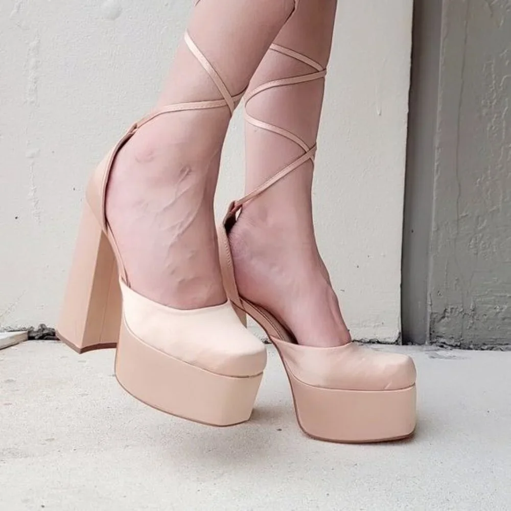 Champagne Platform High Heel Sandals Women Lace Up Square Close